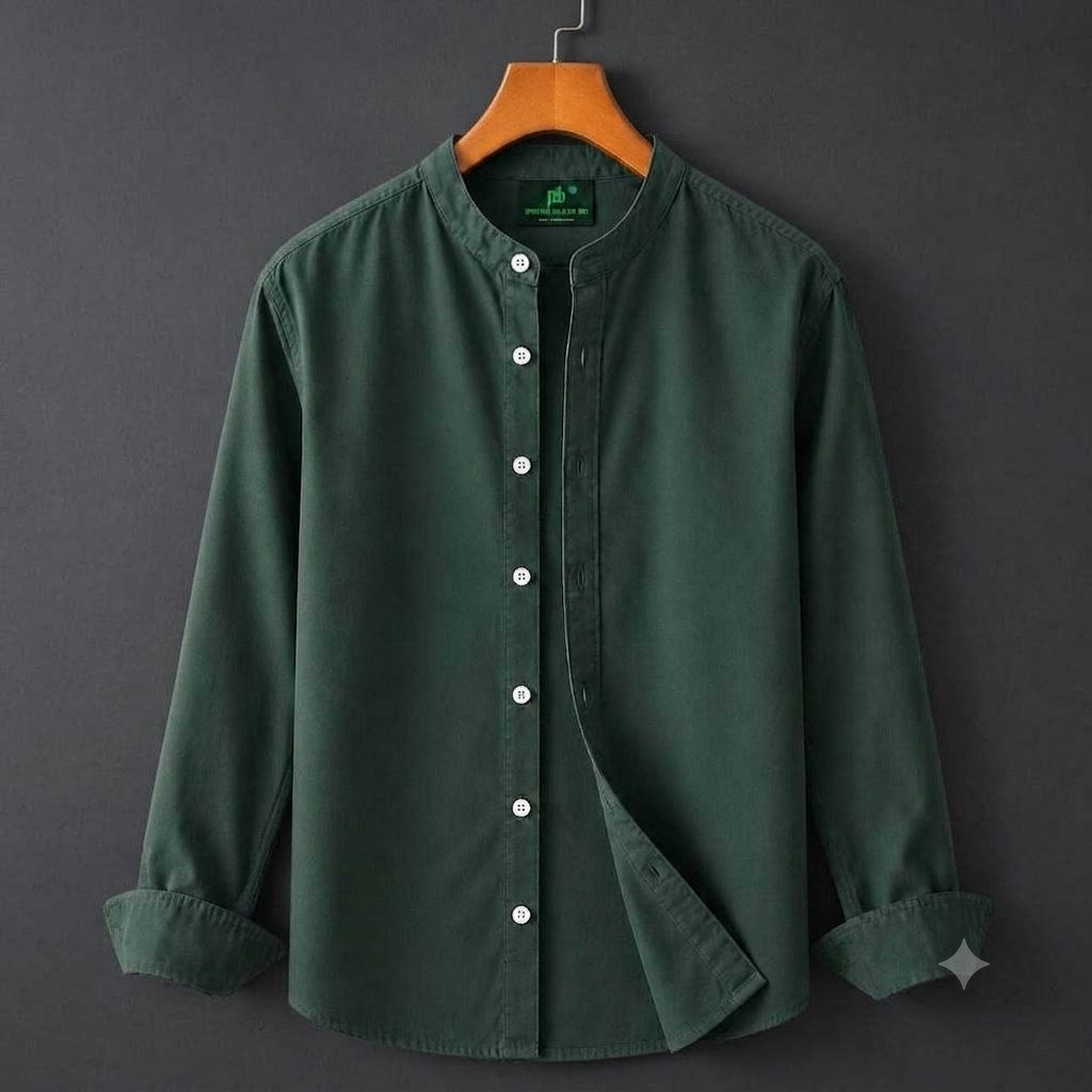 Ponno Green Mandarin Collar Shirt