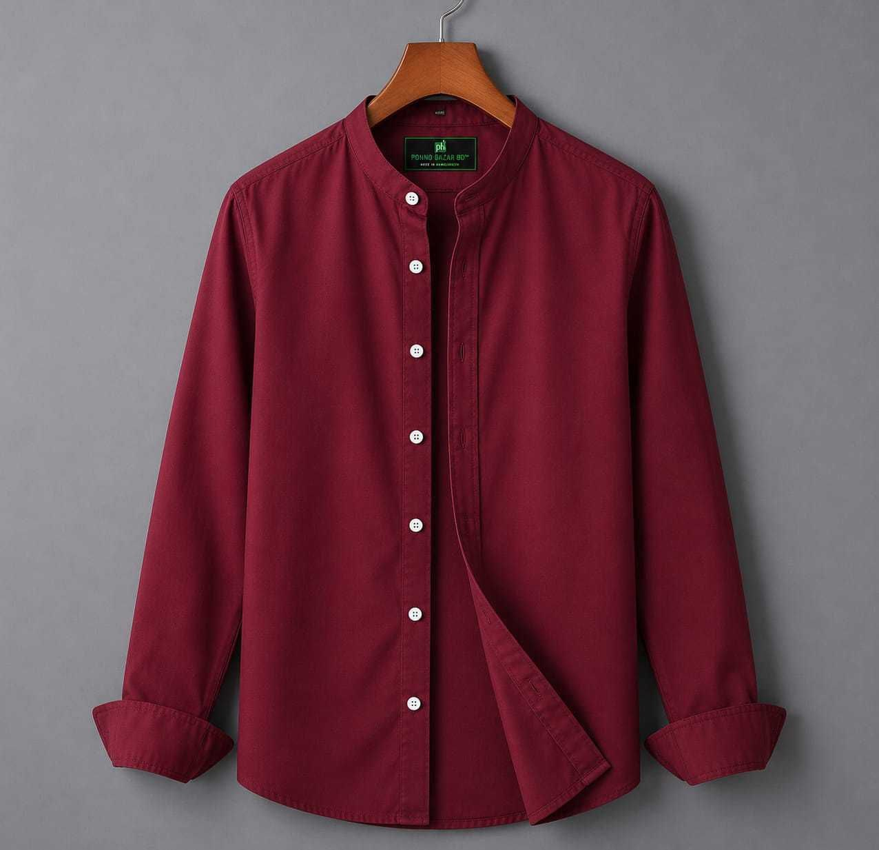 Ponno Maroon Mandarin Collar Shirt