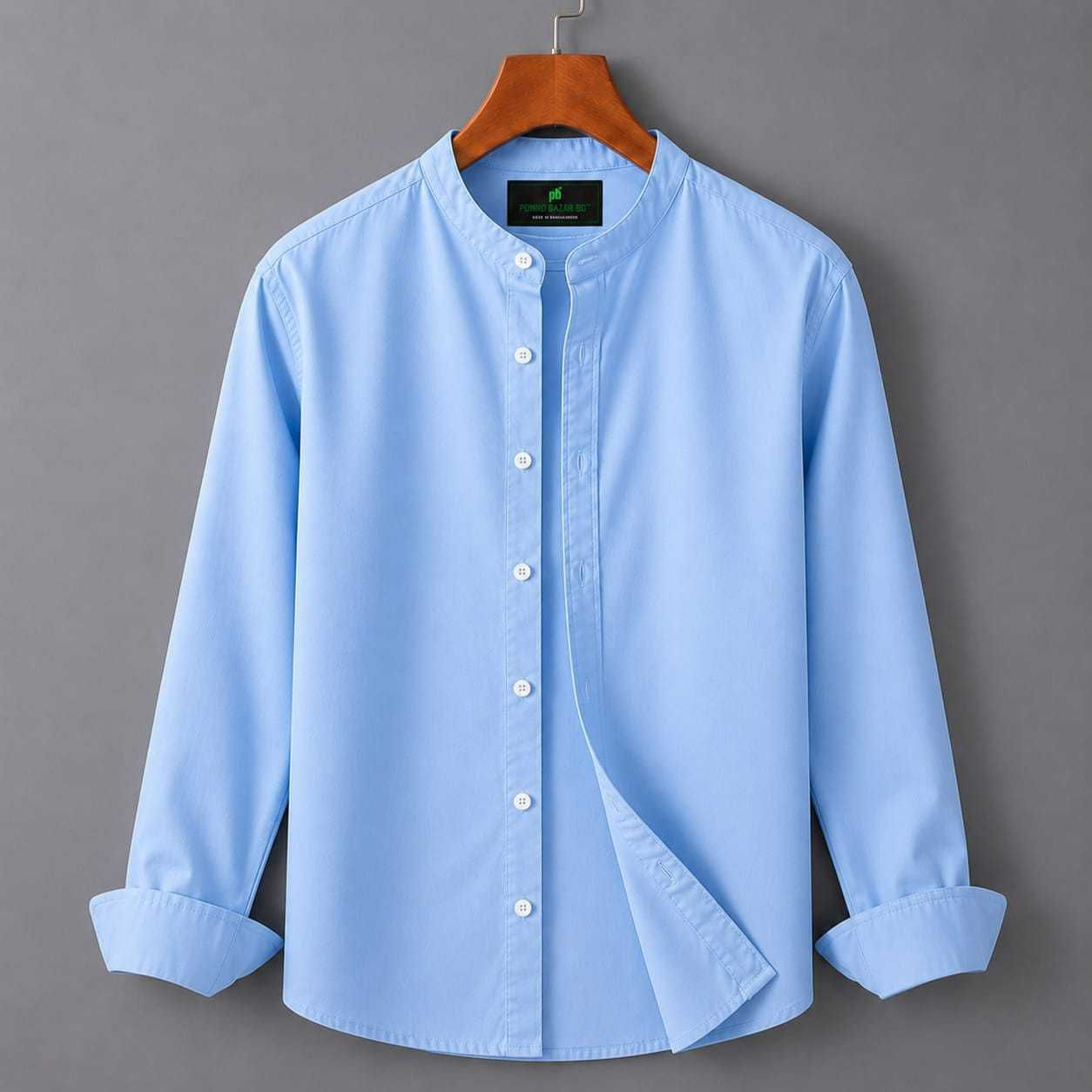 Ponno Sky Blue Mandarin Collar Shirt